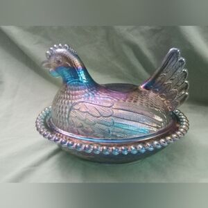 Vintage Indiana Glass Blue Iridescent Carnival Glass Hen On Nest 7"